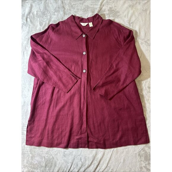 Women’s J.Jill Vintage Tunic Top 3 Buttons Deep Splits Maroon 100% Linen Plus 22 - Picture 1 of 14